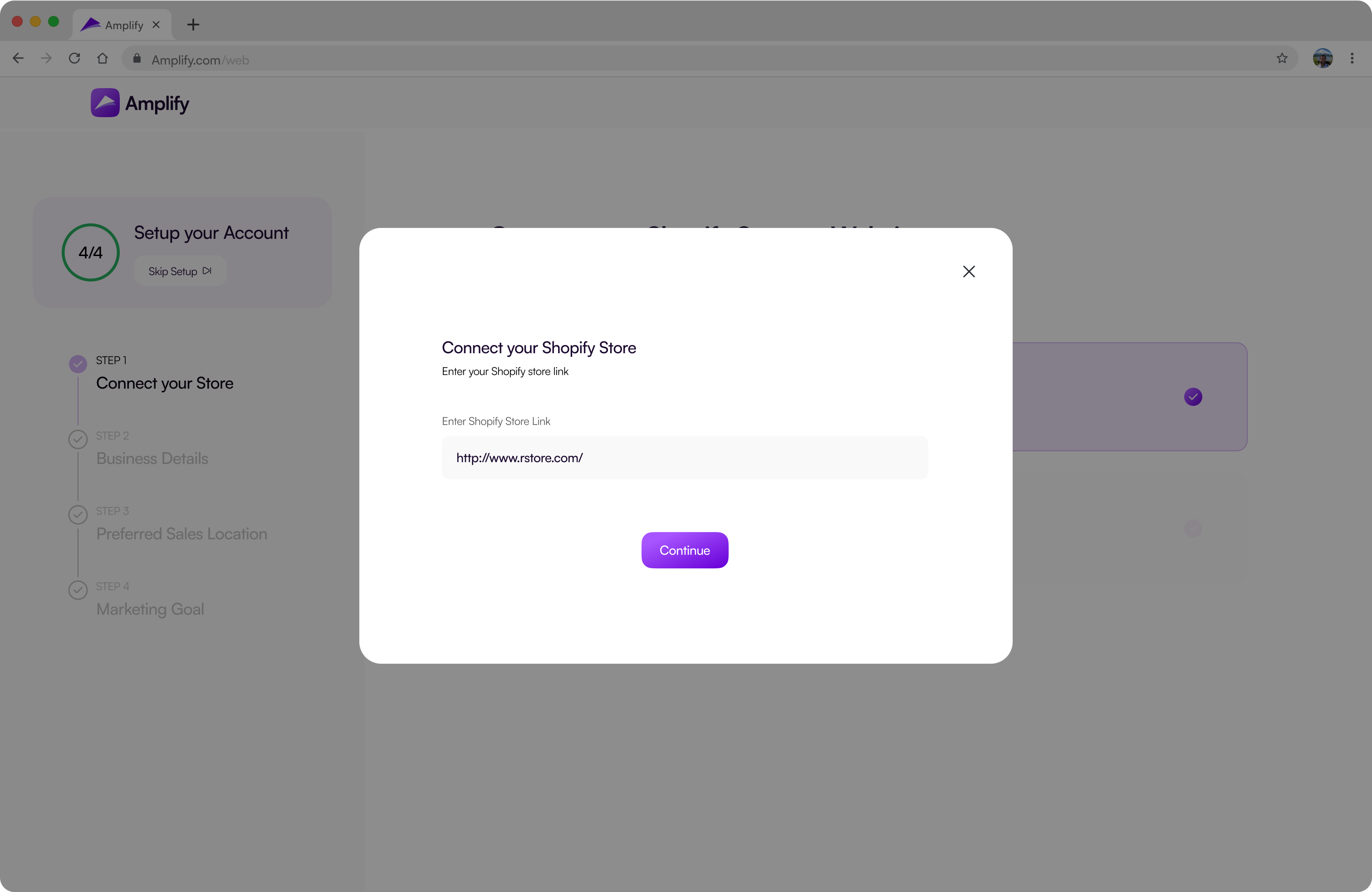 Step 1: Connect your Shopify store - Detailed view of how to connect your shopify store with Amplify